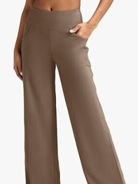 SOFT Wide Leg Pants Women High-Waisted Mocha Pants w/Pockets 28" Petite Med